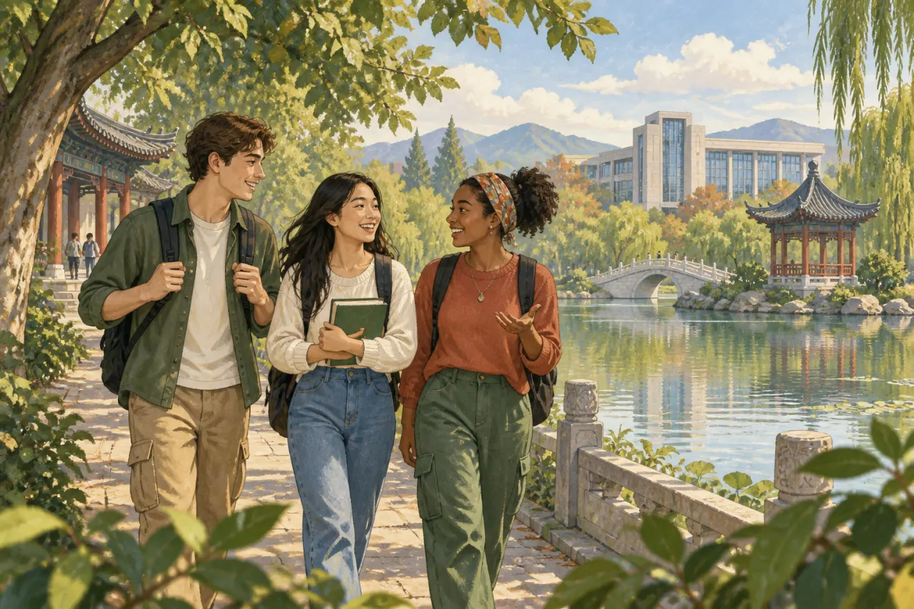 Illustration of international student life on a Chinese campus.