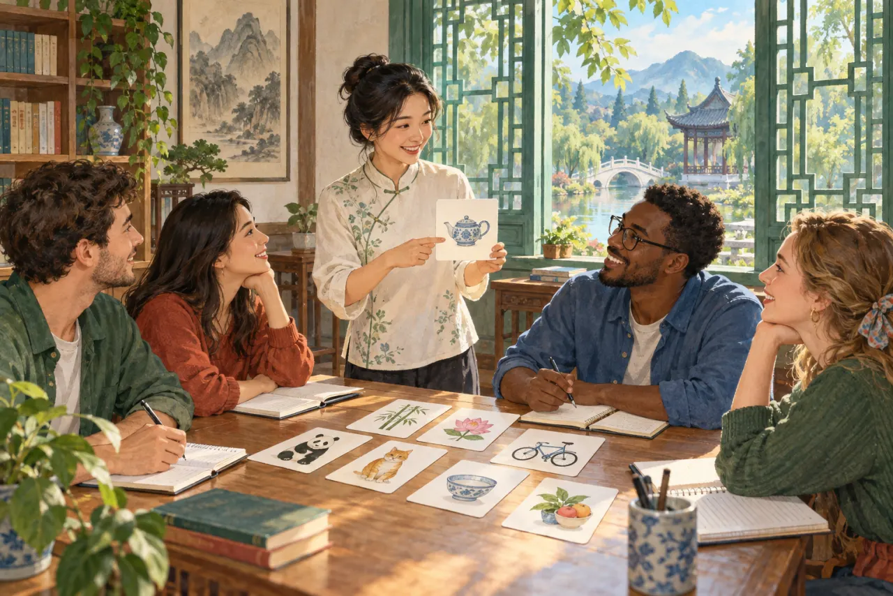 Illustration of adult students practising Mandarin with a teacher.
