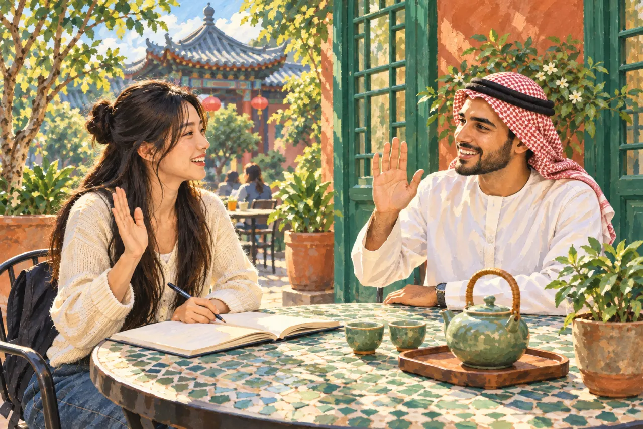 Illustration of two students greeting each other in a Chinese courtyard café.